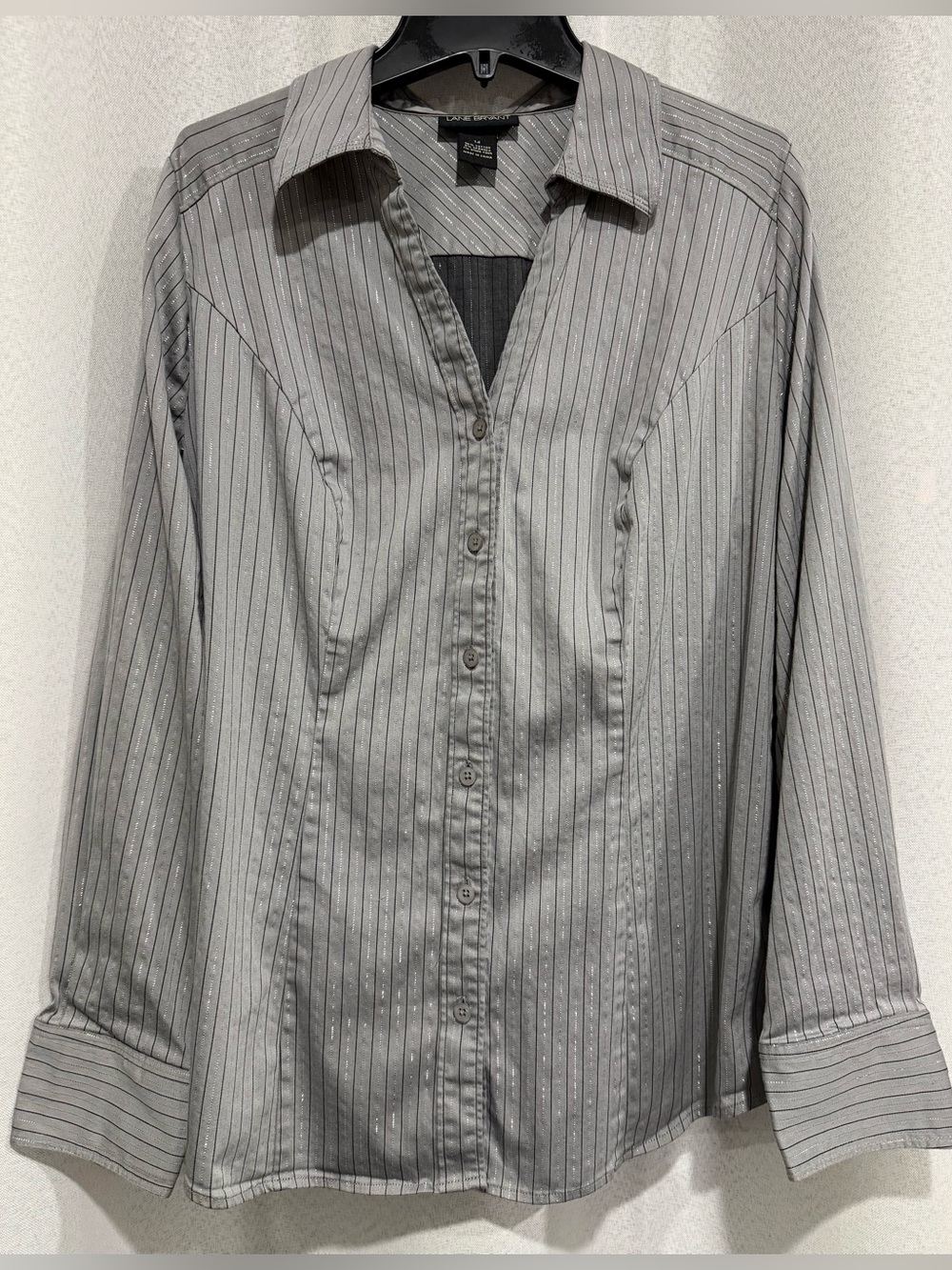 Lane Bryant Gray Silver Metallic Pinstripe Button Down Blouse Top Size 14